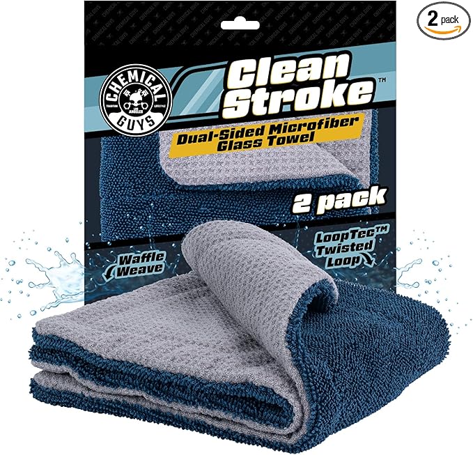 Chemical Guys Clean Stroke Dual-Sided Microfiber Glass Towels - 16 x 16 Premium Streak-Free Cloths for Cars, Trucks, SUVs - Scratch-Free, Lint-Free Detailing Towels for Clear Glass & Mirrors (2 Pack)