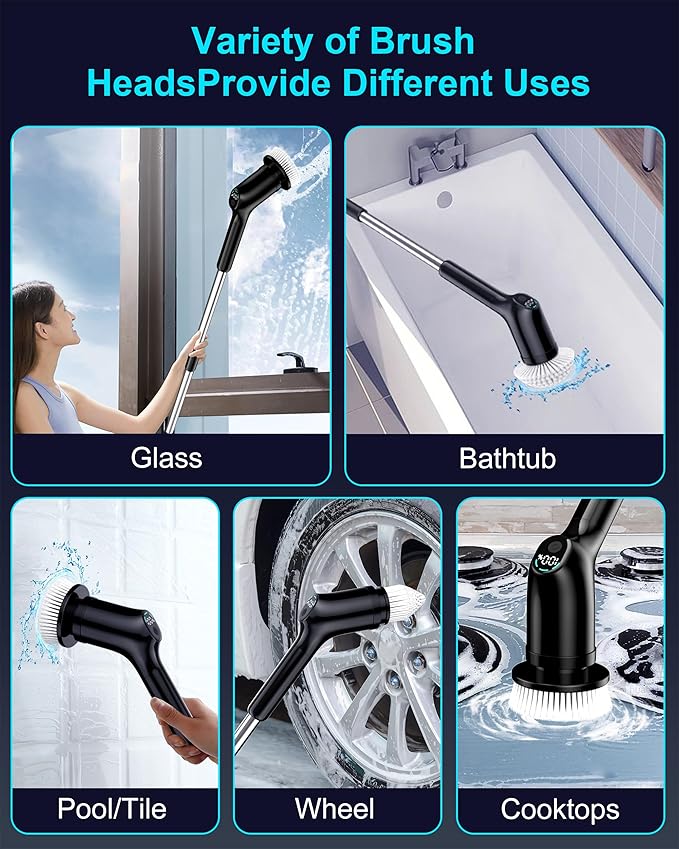 Shower Scrubber with Long Handle for Cleaning Bathroom, Electric Spin Scrubber Cleaning Brush with IPX7 Waterproof & 2Speed, 3Brush Heads, Bathroom Cleaning Supplies for Shower Tub Tile Toilet, Black