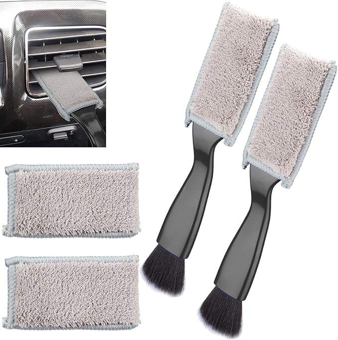 BFXM 2PCS Double Head Brush for Car Clean, Car Accessories Universal 2 in 1 Car Detailing Brush, Double Ended Portable Dust Brush with 4 Cleaning Cloth, for Air Conditioner Outlets, Dashboard Screen
