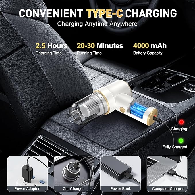 KMM Handheld Car Vacuum Cleaner, 9000PA Vacuum Cleaner & Air Duster, 120W High Power Vacuum Portable Cordless, Hand Held Vacuum Rechargeable with Multi-Nozzles & LED Light for Home, Car, Office