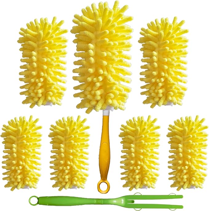 Reusable Duster for Swiffer, 360 Heavy Duty Duster Refill Compatible with Swiffer Hand Dusters for Dusting Furniture, Blinds, Ceiling Fans, Walls and More, 6 Refills +1 Handle, Yellow