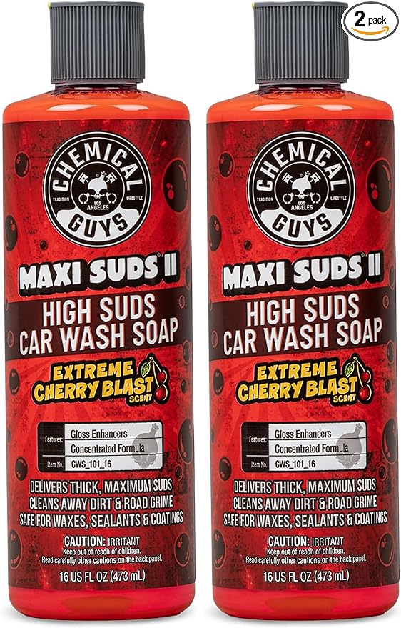 Chemical Guys CWS_101_16 Maxi-Suds II Foaming Car Wash Soap (Works with Foam Cannons, Foam Guns or Bucket Washes) Safe for Cars, Trucks, Motorcycles, RVs & More, 16 fl oz, Cherry Scent (Pack of 2)