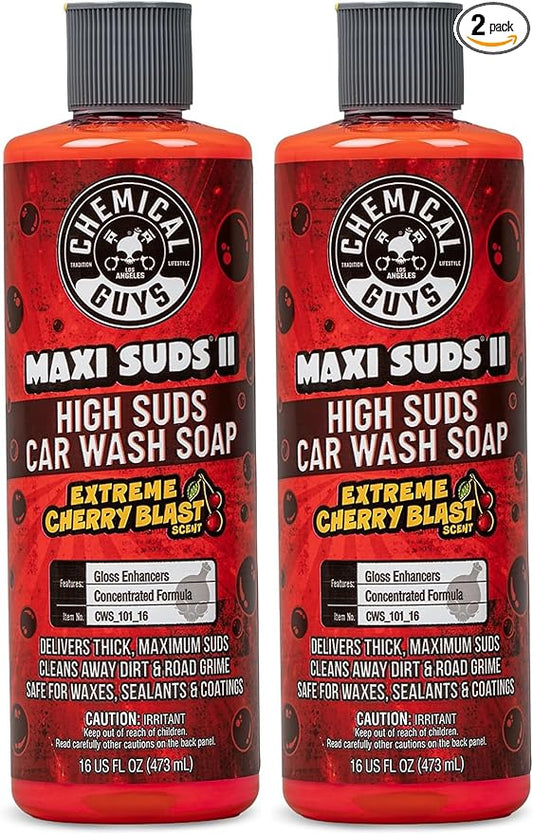 Chemical Guys CWS_101_16 Maxi-Suds II Foaming Car Wash Soap (Works with Foam Cannons, Foam Guns or Bucket Washes) Safe for Cars, Trucks, Motorcycles, RVs & More, 16 fl oz, Cherry Scent (Pack of 2)