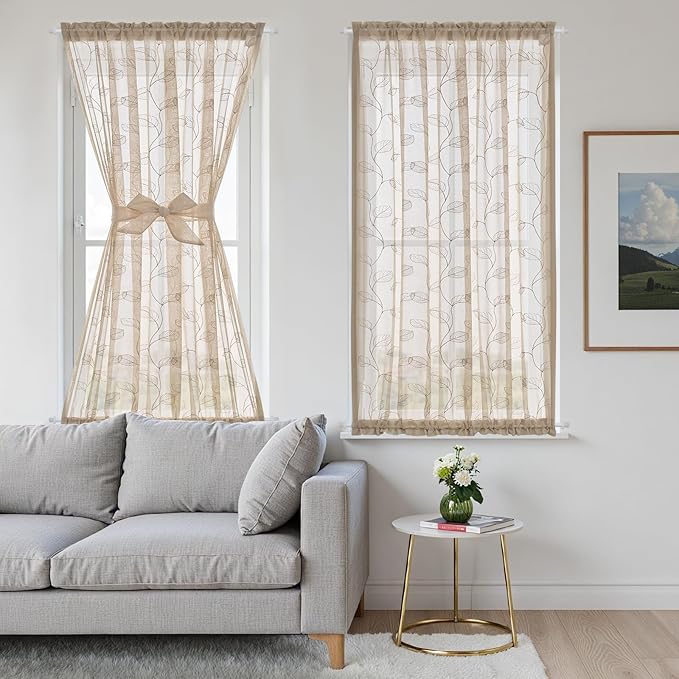 jinchan French Door Curtain Privacy Rustic Leaf Embroidered Semi Sheer Voile Front Curtain for Window Doorway Closet, Door Panel with Tieback Rod Pocket 1 Panel 55W x 72L Inch Beige