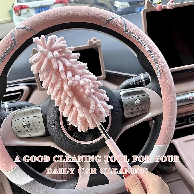 2PCS Car Interior Duster with Extension Pole, 11.8" to 30.5" Retractable Dusters Auto Dash Cleaning Tool, Soft Chenille Hand Washable Dusters for Car Window Furniture Office (Navy Blue)