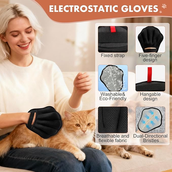 Pet Hair Removal Glove, Electrostatic Pet Hair Remover Glove for Cats & Dogs, Pet Hair Remover Tool for Laundry, Couch, Carpet, Car Seat - Upgraded Five-Finger, Reusable, Black+Black