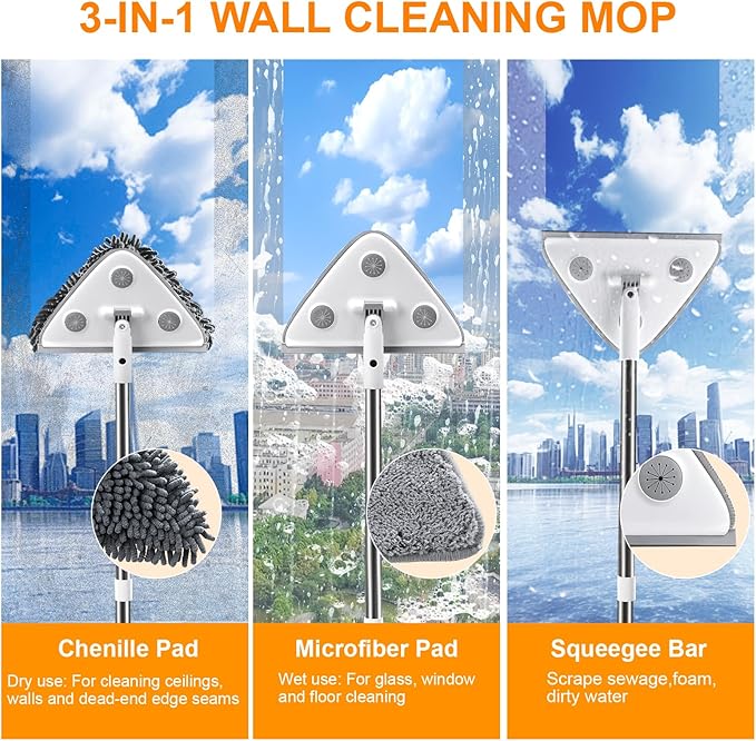 MUEE 3 in 1 Professional Window Squeegee for Home, 78" Window Cleaning Kit with Extension Pole, Tall Wall Cleaner Mop with Long Handle for Outdoor & Indoor Use