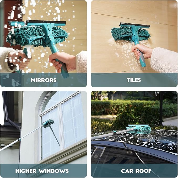 TelesPro 30 Feet High Reach Window Squeegee with 6-24 Ft Extension Pole, Window Cleaner Tool with 5-Stage Telescoping Pole, Window Cleaning Kit with Rotatable Head (2 Squeegee & 2 Microfibre Cloths)