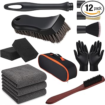 12PCS Car Cleaning Kit, Leather Brush Car Detailing Interior Set, Horsehair Seat Brushes, Auto Detail Brush, Microfiber 