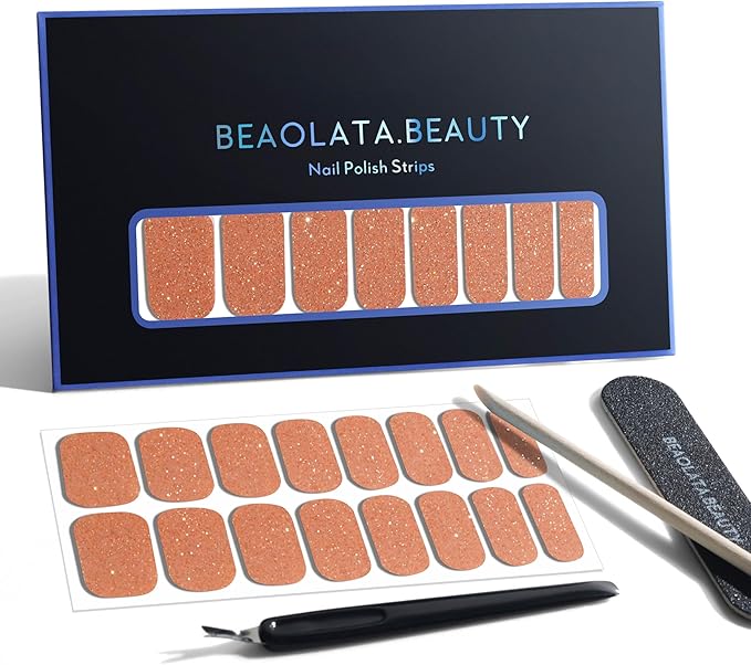 Nail Polish Strips, 32PCS Salon Quality Wraps, Long Lasting Gel Nail Stickers for Women Easy Apply& Remove (Golden Dust Gold)