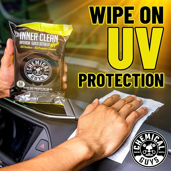 Chemical Guys InnerClean Interior Quick Detailer & Protectant Wipes – 50 Pack Multi Surface Interior Cleaner Wipes for Dashboards, Doors and Seats – Safe for Cars, Trucks, SUVs, RVs and Home Use