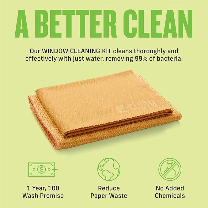 E-Cloth Microfiber Window Cleaning Cloth Kit - Glass Cleaning Cloth for Windows, Mirrors, Cars, Lenses, Eyeglasses, & More, Streak Free Clean, Machine Washable Reusable Towel - Tangerine Orange