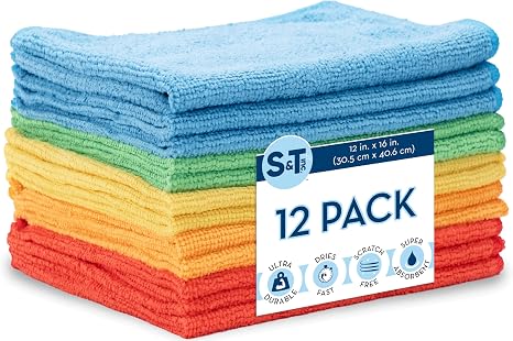 S&T INC. 12 Pack 12" x 16" Microfiber Cleaning Cloth, Bulk Microfiber Towel for Home, Reusable and Lint Free Microfiber 