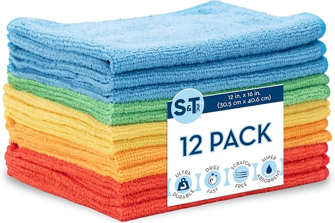 S&T INC. 12 Pack 12" x 16" Microfiber Cleaning Cloth, Bulk Microfiber Towel for Home, Reusable and Lint Free Microfiber 