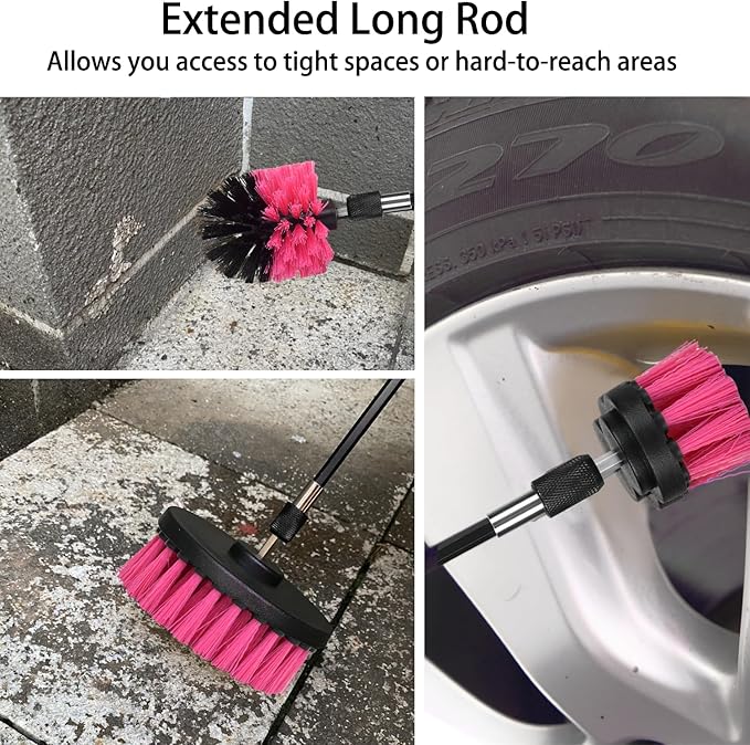8 Pack Drill Brush Attachment Set, 1/4in Power Scrubber Brush + Extend Long Rod, Multi-Purpose Power Cleaning Scrub Brush for Bathroom, Tub, Tile, Corner, Floor(Hot Pink)