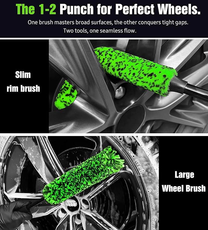 YeewayVeh 3PCS Quick Car Wheel Brush Kit, 2-Size 360° Bendale Rim Cleaner Brushes, Boars Hair Detailing Brush, Fast Scratch-Free Cleaning for Car Wheels, Motorcycle, Green