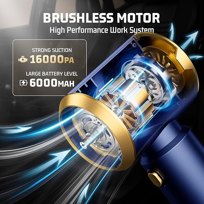 Cordless Car Vacuum Cleaner: Handheld Vacuum with 16000Pa Strong Suction, Brushless Motor & HEPA Filter, 7-in-1 Cleaning Kit, Type-C Charging for Home Office Car Pet - Navy Blue