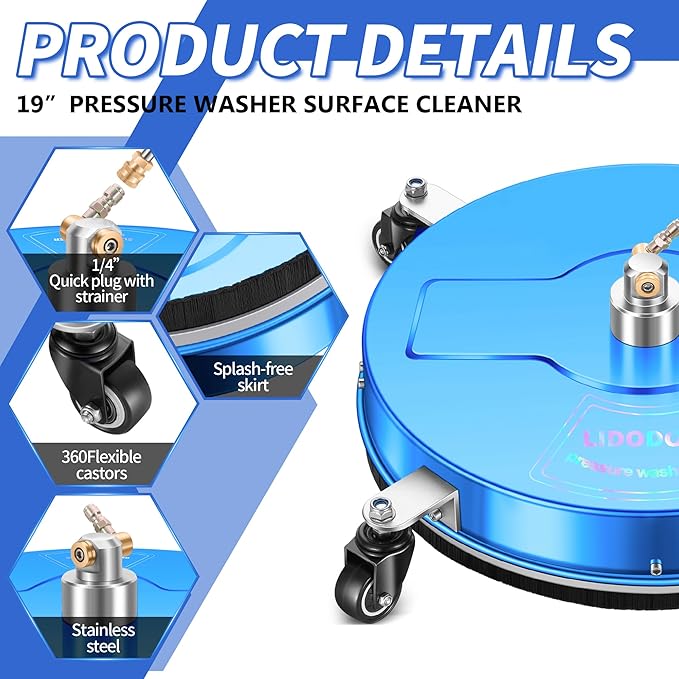 LidoDola 19'' Pressure Washer Surface Cleaner with 4 Wheels - Stainless Steel Surface Cleaner for Pressure Washer Attachment for Concrete, Driveway, Patio, Sidewalk, Deck and Driveways (19 INCH Blue)