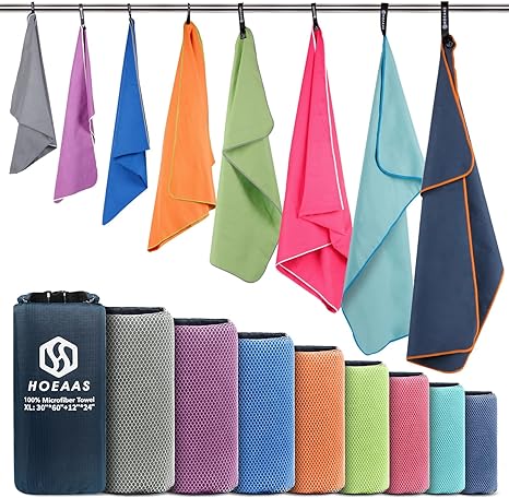 HOEAAS 2 Pack Microfiber Camping Towels, Quick Dry Towel, Super Absorbent Ultra Compact Travel Towel Soft Lightweight Sp