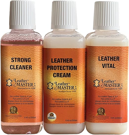 Leather Master Strong Leather Care Bundle - 250 ml Exceptional Leather Care Stain Remover, Protector and Polish Kit. Mad