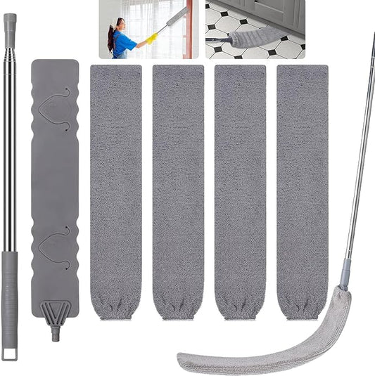 Retractable Gap Dust Cleaner, Extendable Gap Duster with 4 Microfiber Dusting Cloths Long, Under Appliances Cleaning Tools with Extendable Pole,Under Refrigerator, Furniture, High Ceiling