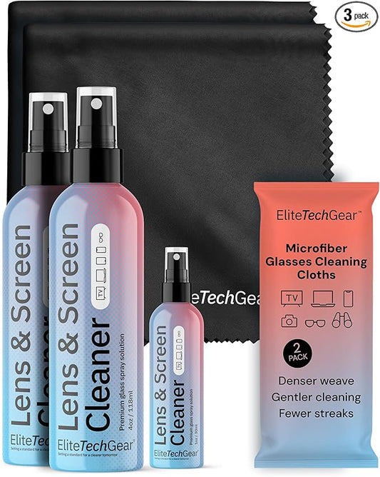 Elite Tech Gear Large Microfiber Cleaning Cloth Kit - 2-pc 12" x 12", Black Glasses Cleaning Cloth for TV Screens and Lenses - 3-pc Lens Cleaner Sprays
