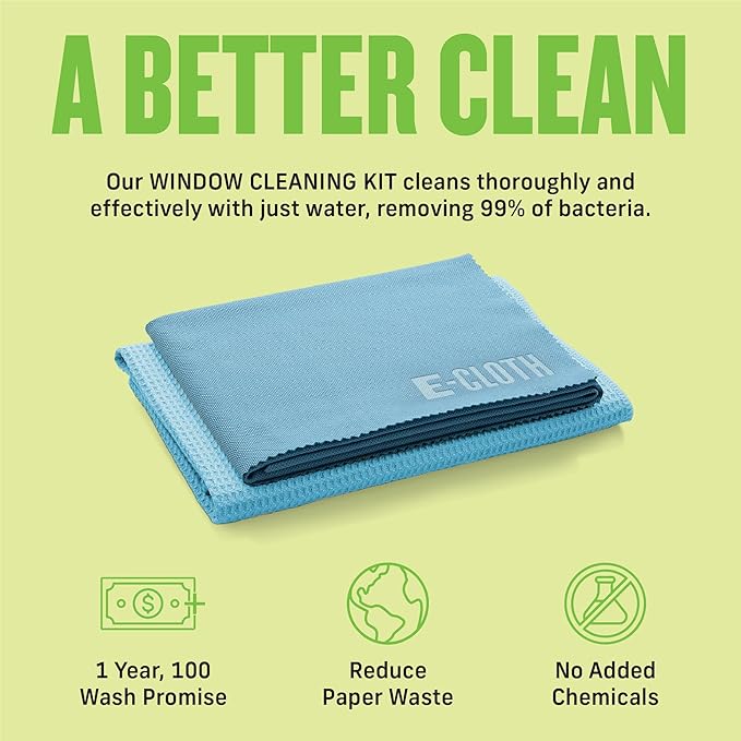 E-Cloth Window Cleaning Cloth - Eco Packaging - Glass Cleaning Cloth, Streak-Free Windows with Just Water, Microfiber Towel Kit for Windows, Car Windshield, Mirrors - Alaskan Blue