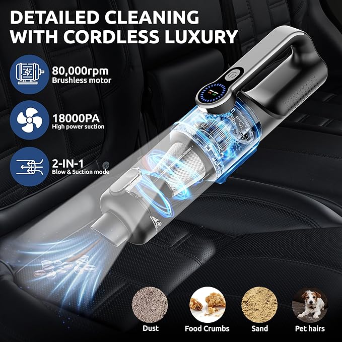 Handheld Vacuum Cordless Vacuum Cleaner with LED Light, 18000Pa Brushless Suction & Air Blower (2-in-1), 7800mAH Battery, Steel+HEPA Filter, Car Vacuum, Dust Buster for Interior, Home & Pet Hair