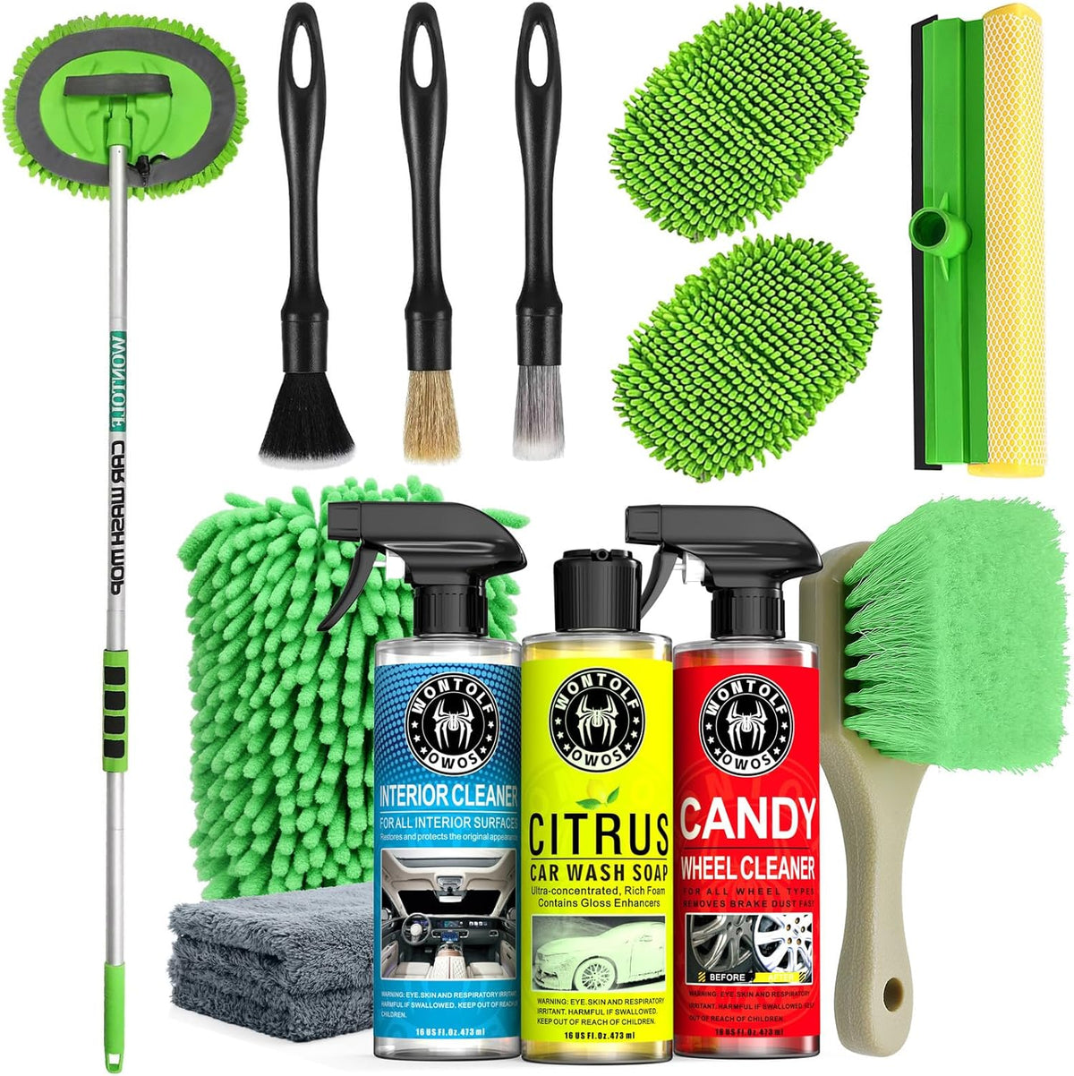17pc Car Wash Kit, Car Cleaning Kit with Car Wash Brush Long Handle, Car Wash Soap, Interior Cleaner, Wheel Cleaner, Window Squeegee, Car Interior Detailing Kit for Cars Trucks RVs SUVs