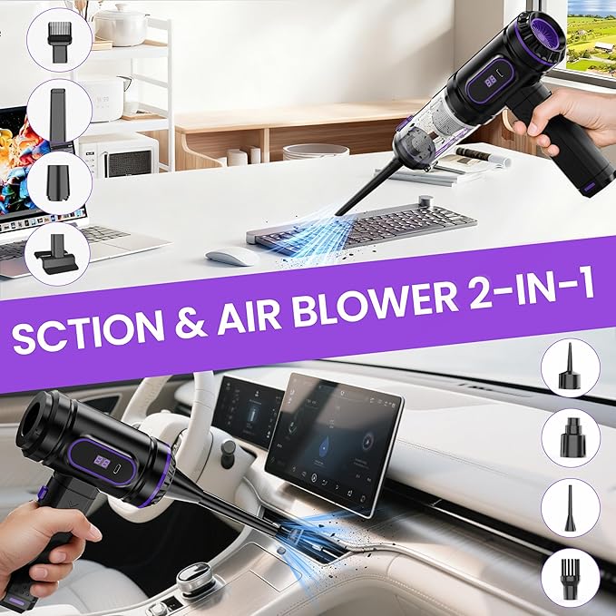 Mini Cordless Car Vacuum Cleaner,15000PA Handheld Vacuum Cleaner,2-in-1 Air Duster and Vacuum Cleaner,Hand Held Vacuum with LCD Display,Multi-Nozzles,Portable Vacuum for Car,Home,Pet Hair,Office