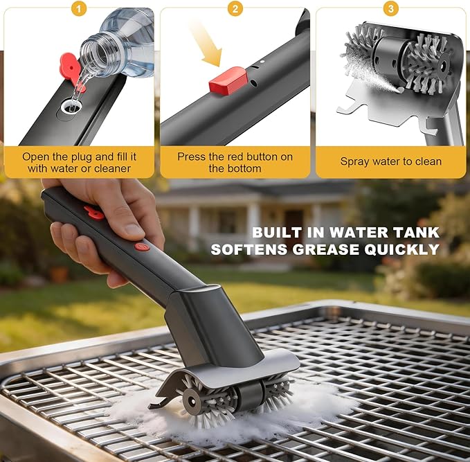 Electric Grill Brush, Cordless Rechargeable Grill Cleaner with LED Light & Water Spray, BBQ Cleaning Brush with 2 Speeds, 304 Stainless Steel Heat Resistant Grill Brush for Outdoor Camping & Grilling