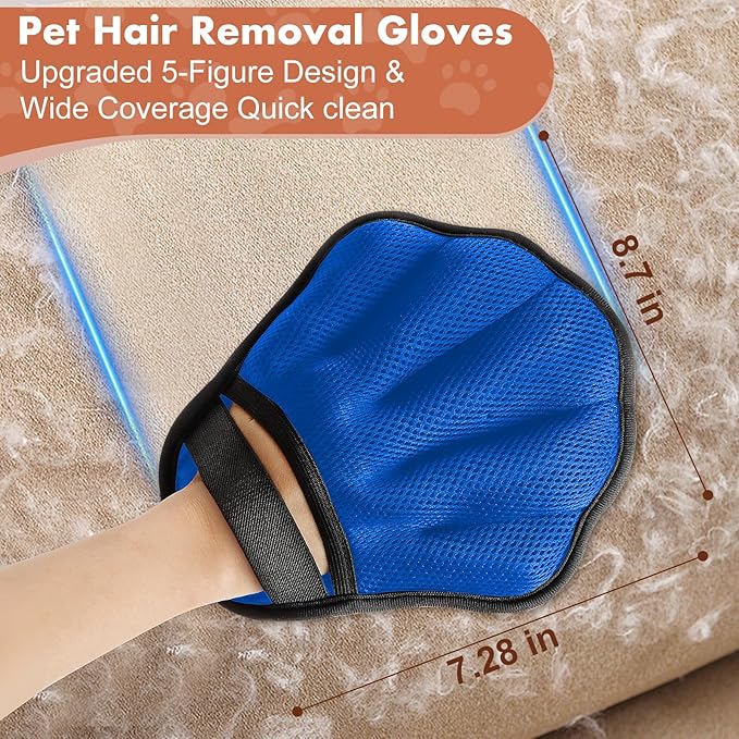 Pet Hair Removal Glove, Electrostatic Pet Hair Remover Glove for Cats & Dogs, Pet Hair Remover Tool for Laundry, Couch, Carpet, Car Seat - Upgraded Five-Finger, Reusable, Blue+Grey