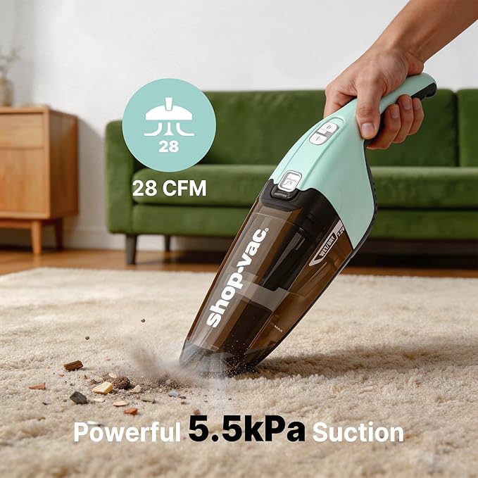 Shop-Vac Wet/Dry Handheld Vacuum Cordless, Powerful Portable Car Vacuum Rechargeable, Wall-Mounted Hand Vac with Crevice Tool, Lightweight Hand Vacuum for Home & Car, Washable Filter, Green