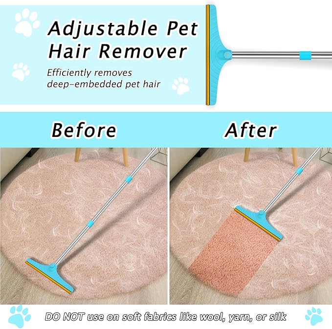 Carpet Rake for Pet Hair Removal - Reusable Pet Hair Remover, 60” Adjustable Long Handle Cat Dog Carpet Rake Scraper with Patented Design, Dog Hair Rake Brush for Rugs, Mats
