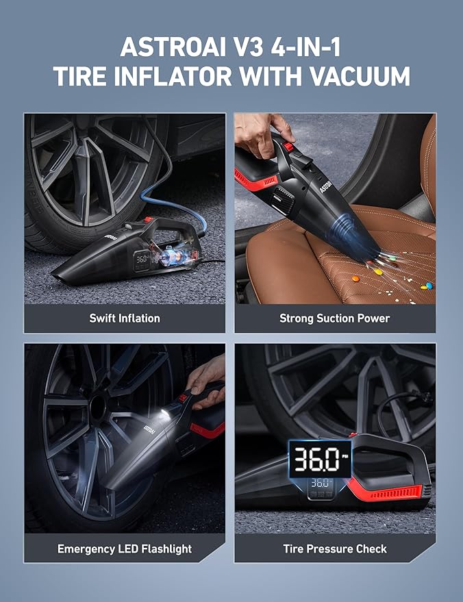 AstroAI 4-in-1 V3 Portable Handheld Car Vacuum Cleaner & Tire Inflator, 150 PSI Portable Air Compressor with Digital Dual Values Display, LED Light, 12V DC, 16.4FT Cord for Cars, Bikes, SUVs