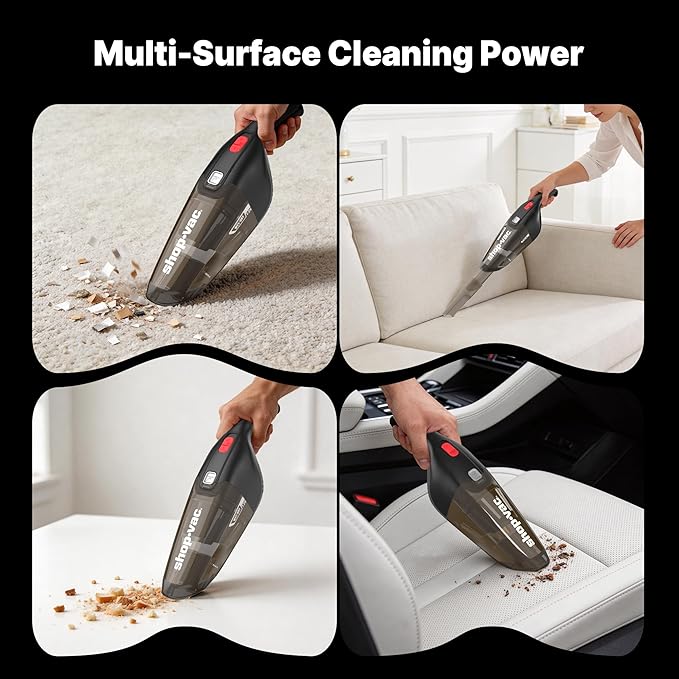Shop-Vac Wet/Dry Handheld Vacuum Cordless, Powerful Portable Car Vacuum Rechargeable, Wall-Mounted Hand Vac with Crevice Tool, Lightweight Hand Vacuum for Home & Car, Washable Filter, Black