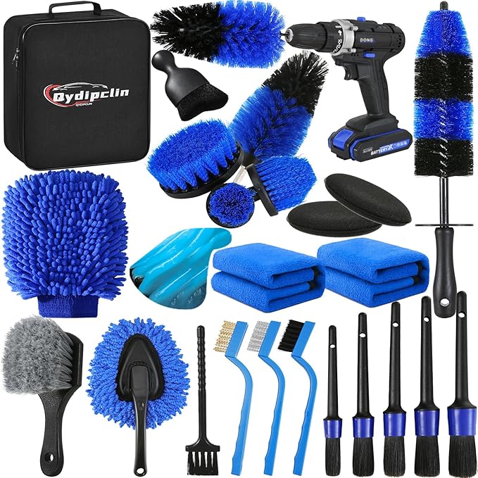 Qydipclin 24Pcs Car Detailing Kit, Car Detailing Brush Set, Car Wash Cleaning Kit, Car Detailing Brushes, Professional Car Care Kit for Interior Exterior Wheels, Blue
