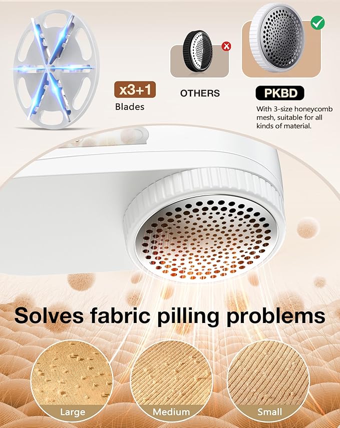 PKBD IPX6 Waterproof Washable Electric Fabric Shaver and Lint Remover, Rechargeable Sweater Defuzzer with 3 Free Extra Blades, Quickly and Effectively Remove Fluff, Fuzz, Bobbles for Clothes, White