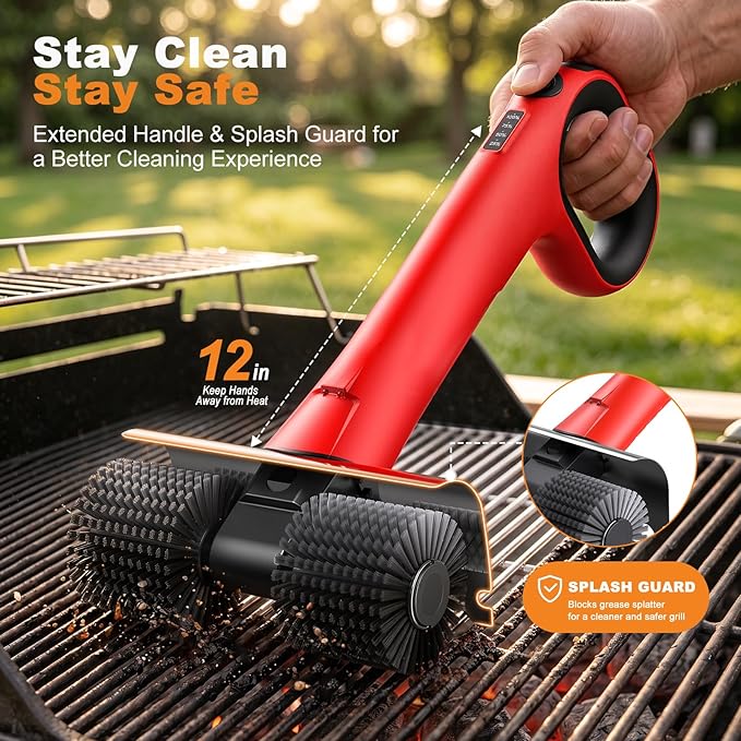 Electric Grill Brush for Outdoor Grill, Cordless BBQ Grill Cleaner with Dual Rotating Heads, 450 RPM Motorized Grill Cleaning Brush with Forward & Reverse, 6-Piece Replaceable Brush Set