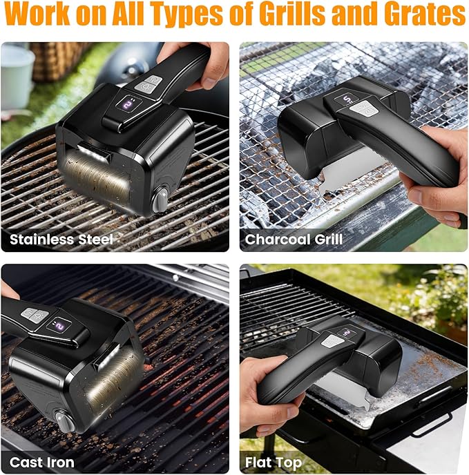 Electric Grill Brush for Outdoor Grill,Electric Grill Cleaner with 800 RPM Motor,Stainless Steel No Shedding Bristle Head,Cordless & Type-C Rechargeable,4000mAh BBQ Grill Brush with LED Light