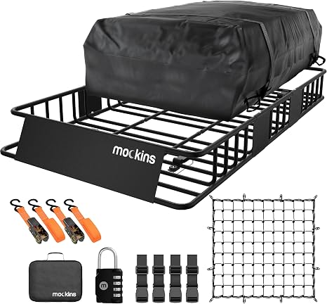 Mockins 64"x39"x6" Extendable Heavy Duty Roof Rack Basket & 16 Cu Ft Waterproof Cargo Bag for Top of Car | 250 Lbs Capac
