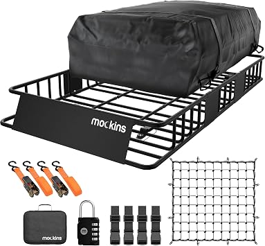 Mockins 64"x39"x6" Extendable Heavy Duty Roof Rack Basket & 16 Cu Ft Waterproof Cargo Bag for Top of Car | 250 Lbs Capac