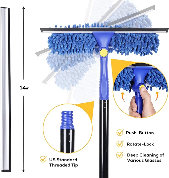 Kleen Handler 2-in-1 Window Squeegee with 60” Extendable Pole, Rotatable Glass Cleaner Tool for Commercial and Residential Use, 2 Reusable Sleeves and 14” Blade