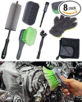 oesee 8 Pack Motorcycle Cleaning Kit - Professional Safe for Chrome/Engine/Tires, Hard Reach Brush, Microfiber Mitt, Det