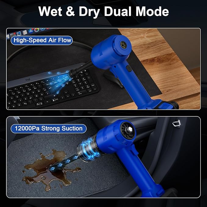 Vinid Handheld Car Vacuum Cleaner, 12000Pa Cordless Wet/Dry Vacuum & Air Blower, with Safety Hammer & Seatbelt Cutter, 80W 6000mAh Battery, HEPA Filter, Type-C Charging for Car Home Emergency, Blue