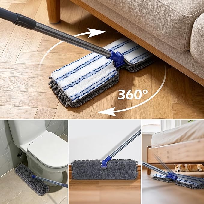 MASTERTOP Microfiber Dust Mop,Double-Sided Flat Mops for Hardwood Floors with 4 Reusable Mop Pads, Floor Mops with Stainless Steel Handle and Extension, Cleaner for Hardwood, Vinyl, Laminate, Tile