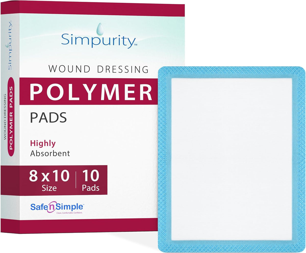 Simpurity Super Absorbent Polymer Wound Dressing - 8"x10" Individual Thick Pads - Dressing Supplies for Wounds - Bordered Polymer Dressing for Wound Care