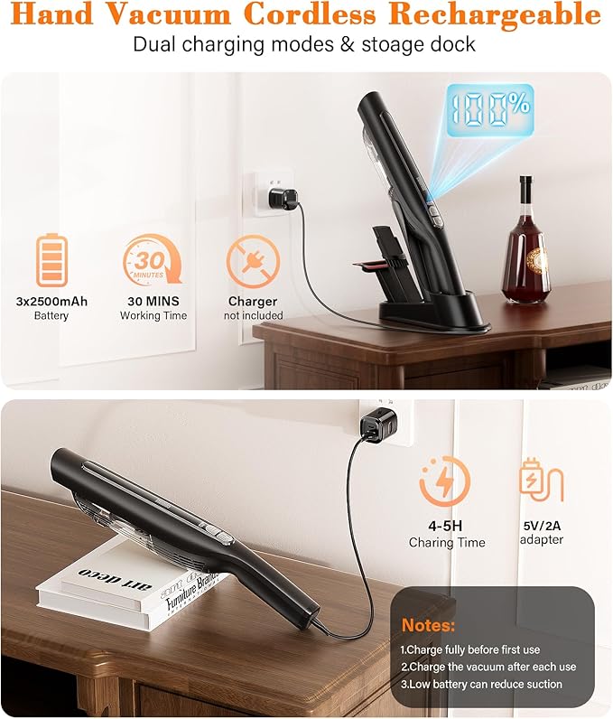 Handheld Vacuum Cordless,24KPA High Power Car Vacuum with Brushless Motor,LED Light,Charging Dock,Rechargeable Hand Held Vacuum Cleaner with Reusable Filter for Car,Home,Office,Pet Pair,Black
