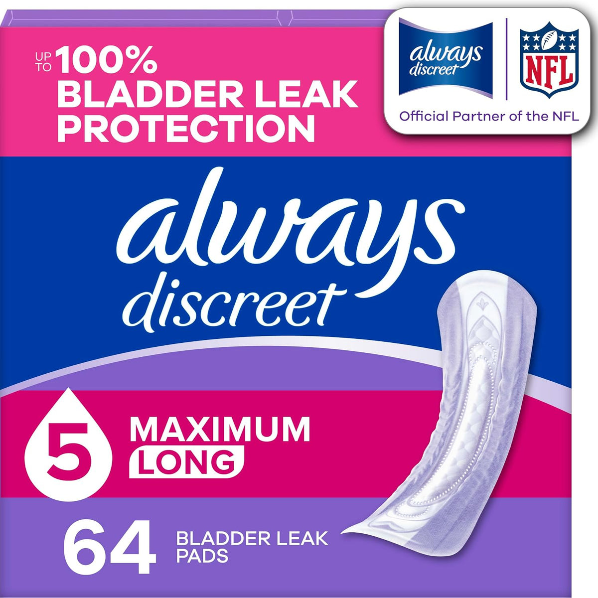 Discreet Adult Incontinence Pads for Women, Drier, 5 Drop Long Length, Heavy Absorbency, Pads for Bladder Control Management, Bladder Leaks, & Postpartum Pads, 64ct