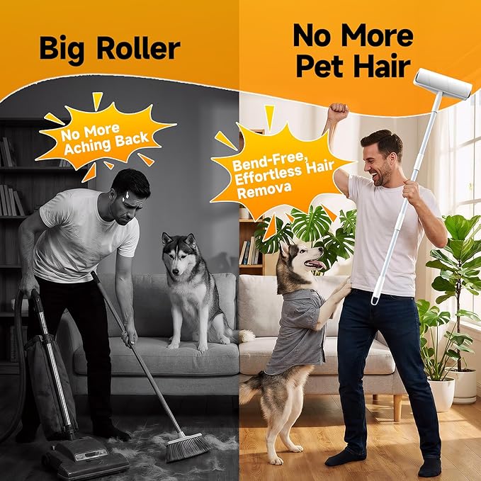 Large Floor Lint Roller with Extendable Long Handle, 9.45" Extra Wide Sticky Roller, 400 Sheets with 3 Refills, Heavy Duty Pet Hair Remover for Floor, Carpet, Couch & Hard-to-Reach Areas